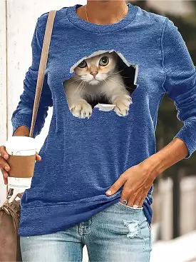 3D Cat Print Long Sleeve Women's T-shirt in Black, Yellow, and Navy Blue