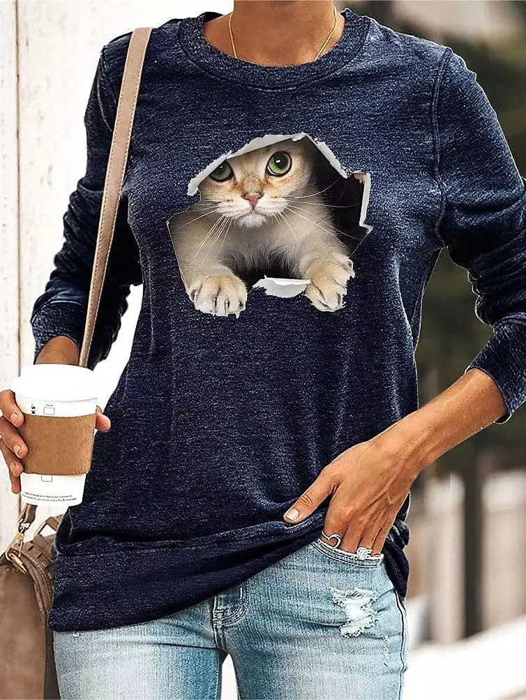 3D Cat Print Long Sleeve Women's T-shirt in Black, Yellow, and Navy Blue