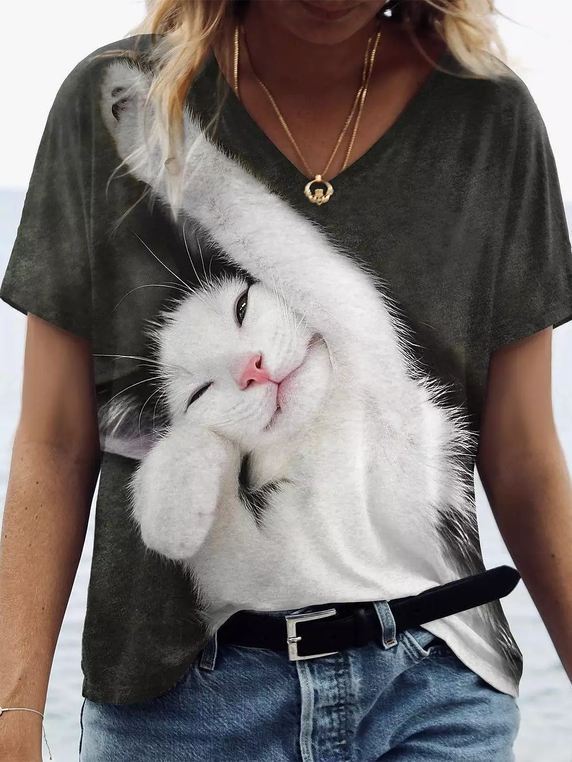 3D Gray Cat Print V-Neck Women's T-Shirt