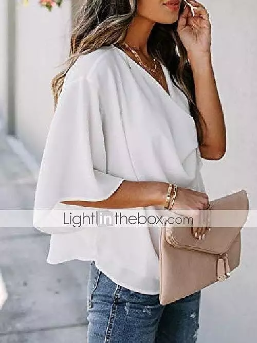 Almond Black and White Women's V-Neck Long Sleeve Blouse