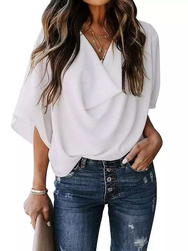 Almond Black and White Women's V-Neck Long Sleeve Blouse