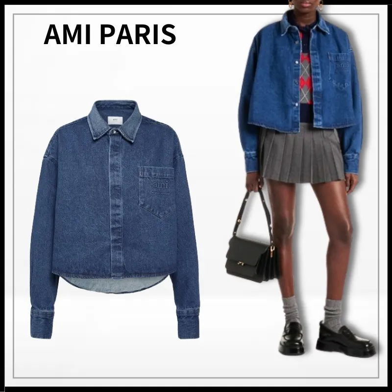 AMI PARIS  |Denim Plain Logo Washed denim Shirts & Blouses