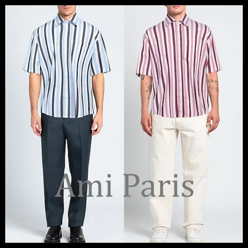 AMI PARIS  |Stripes Unisex Street Style Cotton Short Sleeves Logo