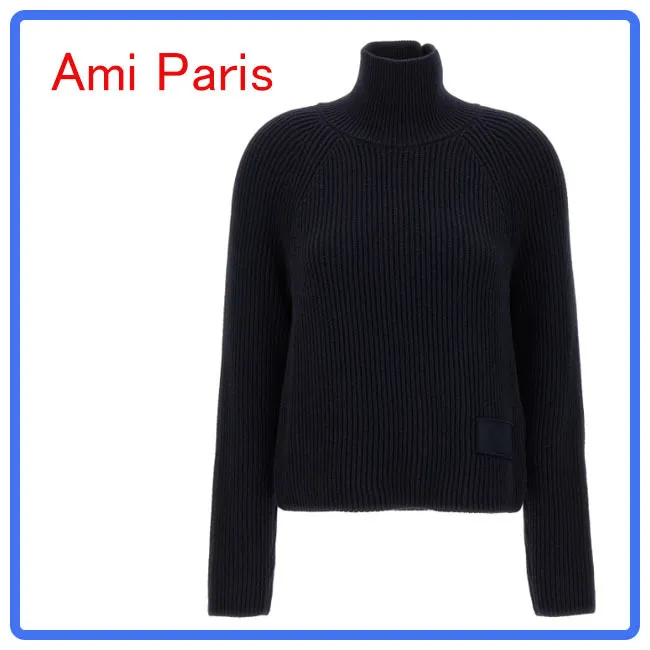 AMI PARIS  |Wool Long Sleeves Plain Cotton High-Neck Elegant Style Logo