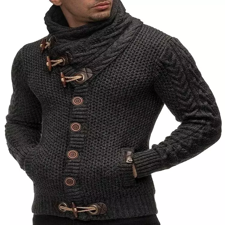 Ashore Shop New Winter Men's High-neck Sweater Knitted Thick Wool Button Retro Slim Fit