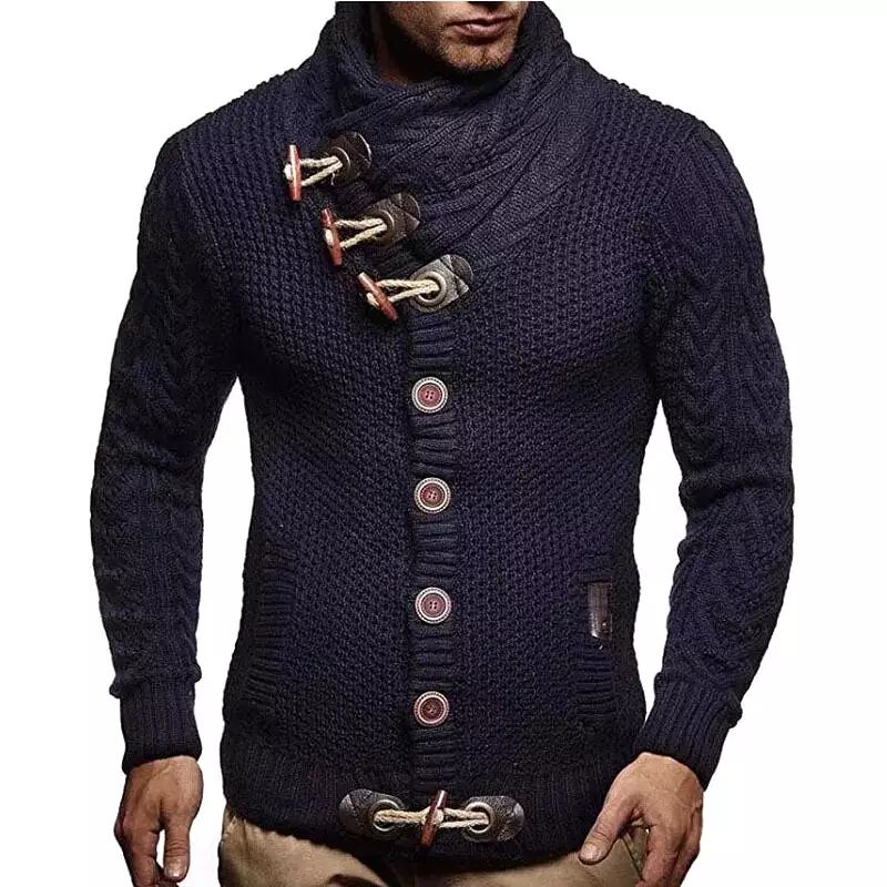 Ashore Shop New Winter Men's High-neck Sweater Knitted Thick Wool Button Retro Slim Fit