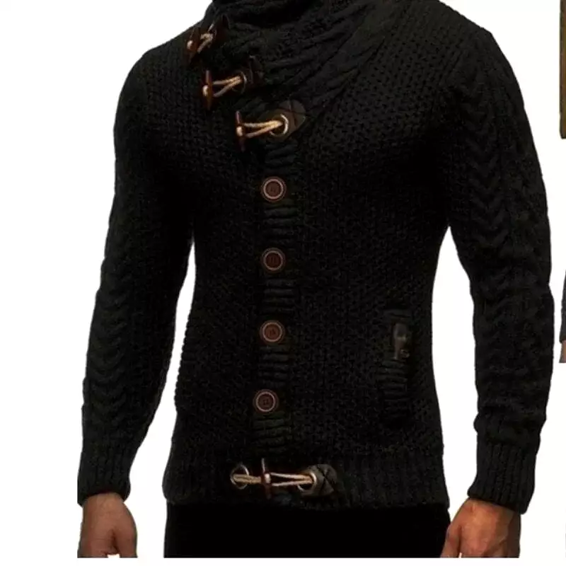 Ashore Shop New Winter Men's High-neck Sweater Knitted Thick Wool Button Retro Slim Fit