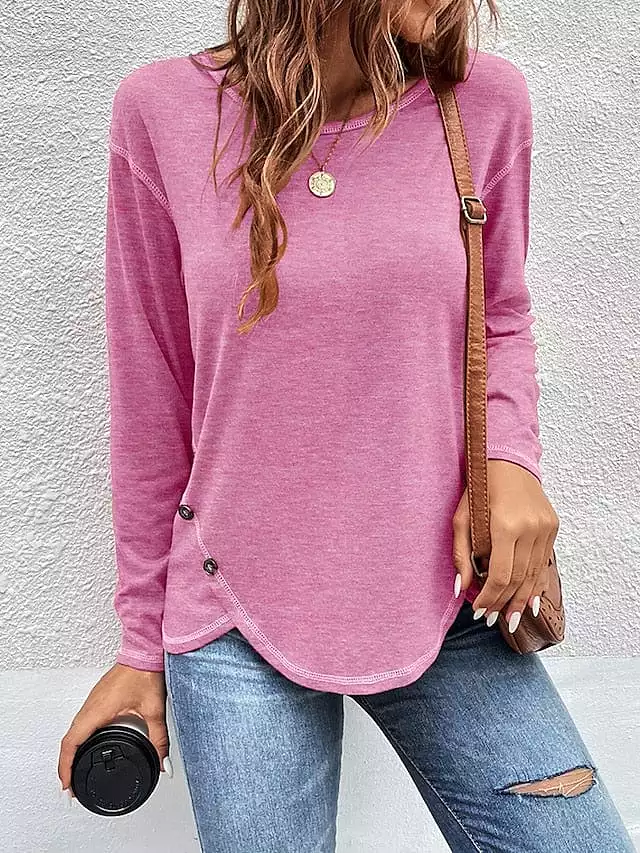 Burgundy Women's Flannel T-shirt with Button Detail and Long Sleeves