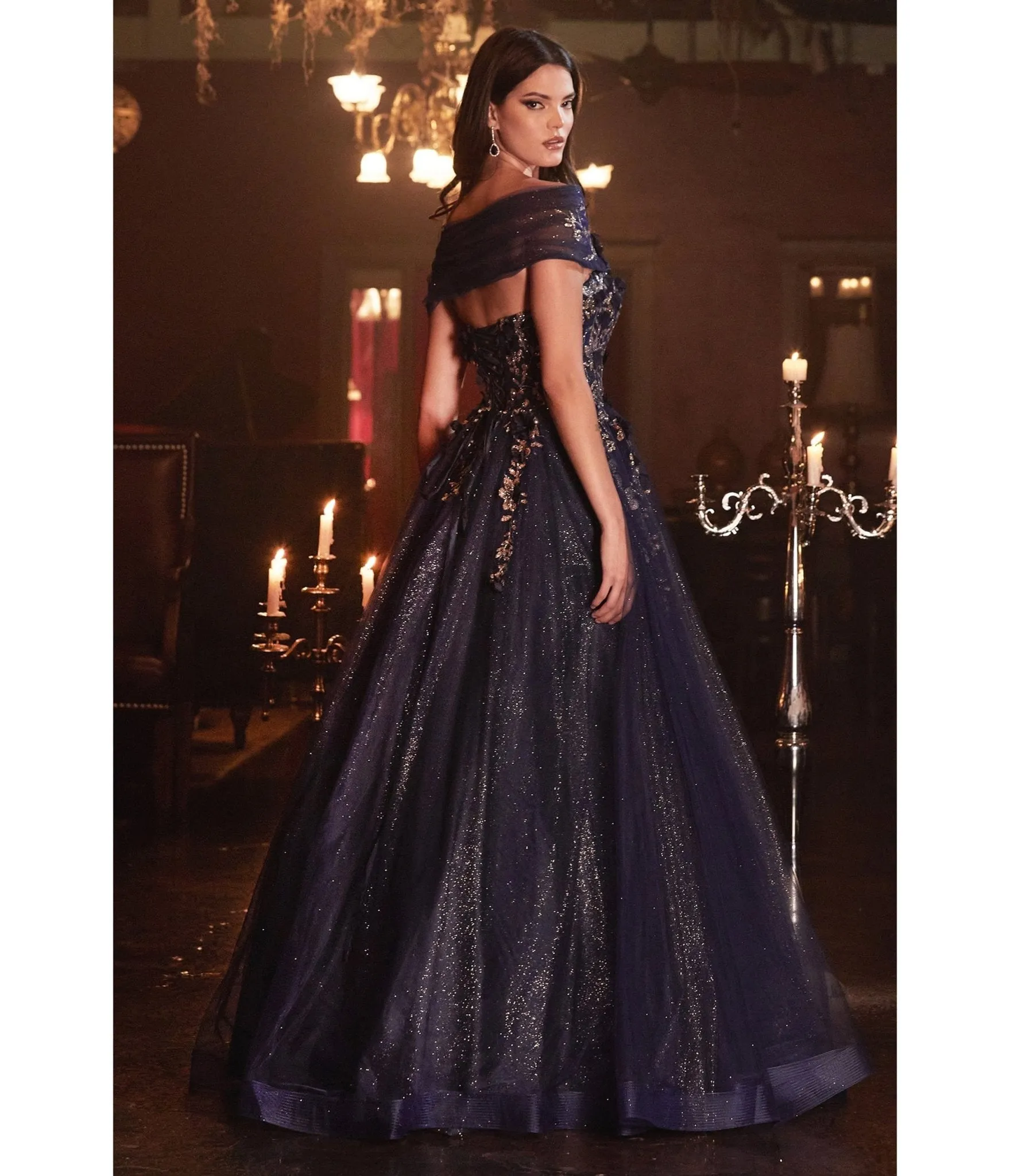 Cinderella Divine  Navy & Gold Off The Shoulder Magical Glitter Prom Ball Gown