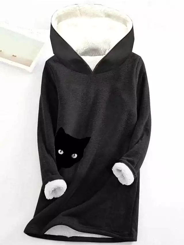 Cozy Cat Print Fleece-Lined Women's Hoodie Sweatshirt