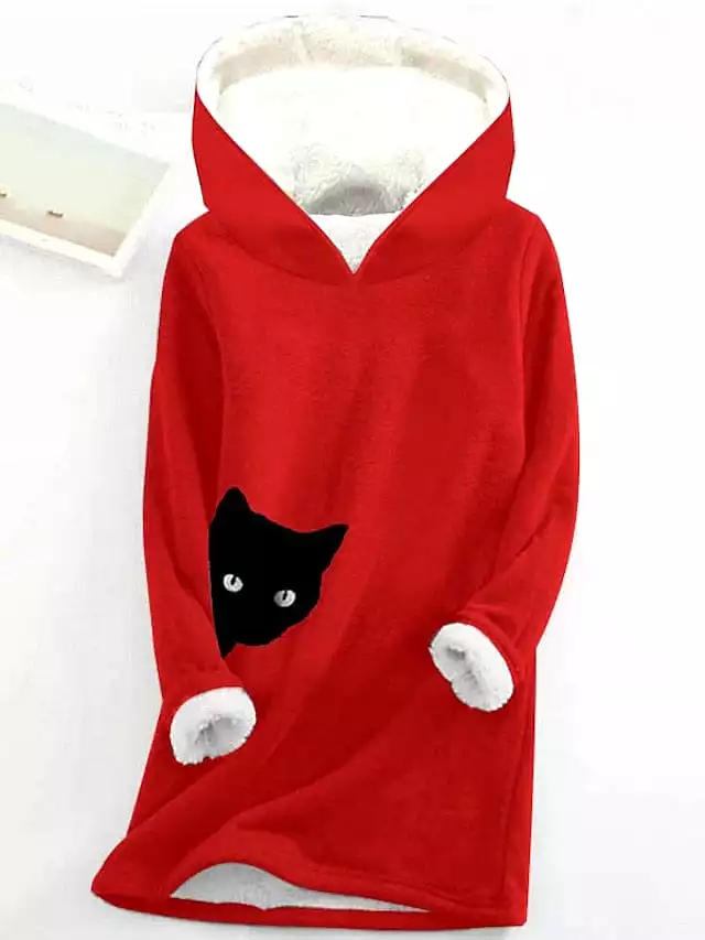 Cozy Cat Print Fleece-Lined Women's Hoodie Sweatshirt