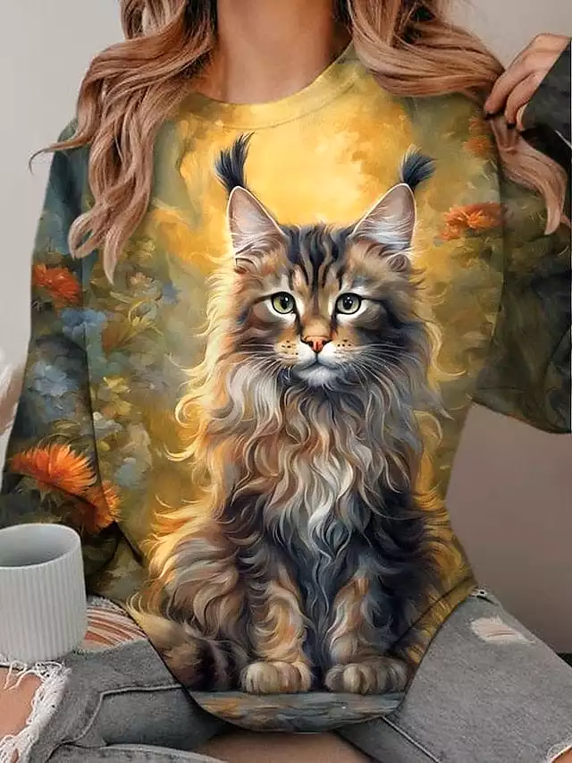 Cozy Cat Print Velvet Sweatshirt for Women