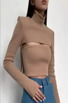 Cut-out Turtleneck Ribbed Top