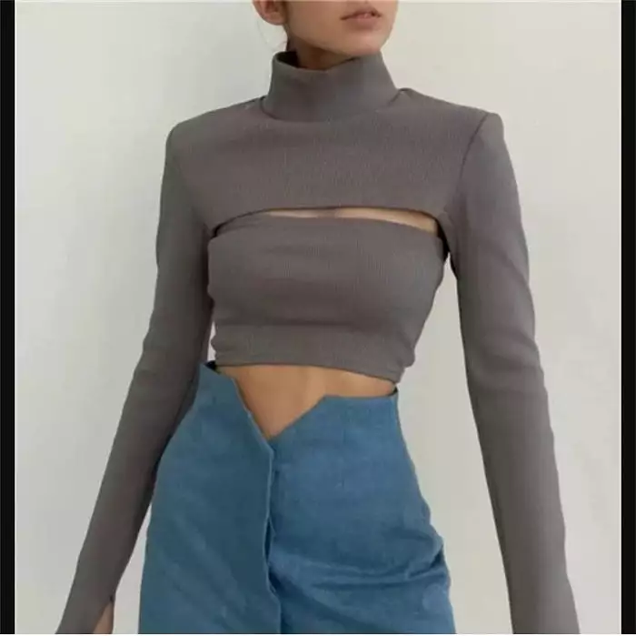 Cut-out Turtleneck Ribbed Top