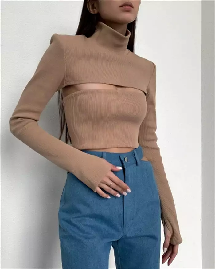 Cut-out Turtleneck Ribbed Top