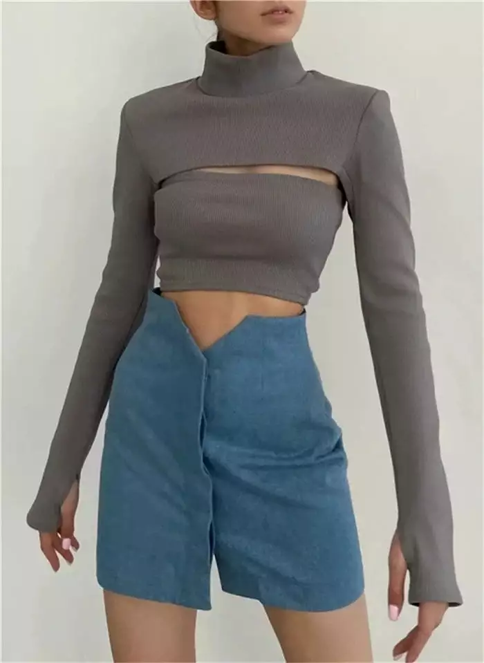 Cut-out Turtleneck Ribbed Top