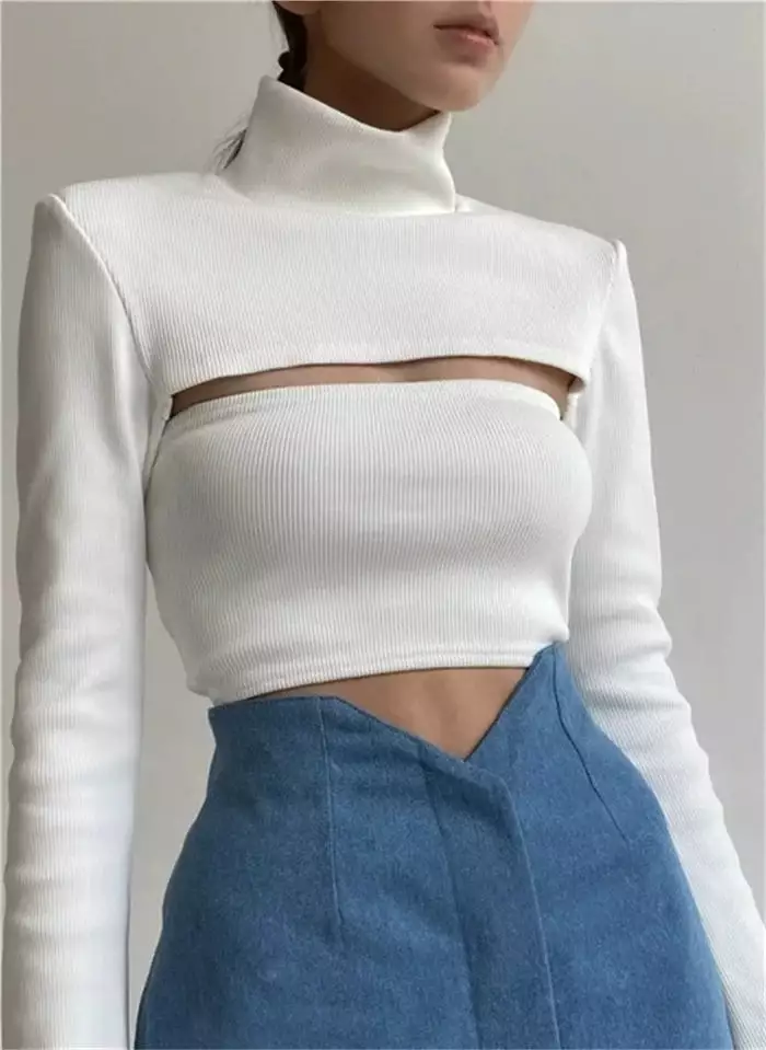 Cut-out Turtleneck Ribbed Top