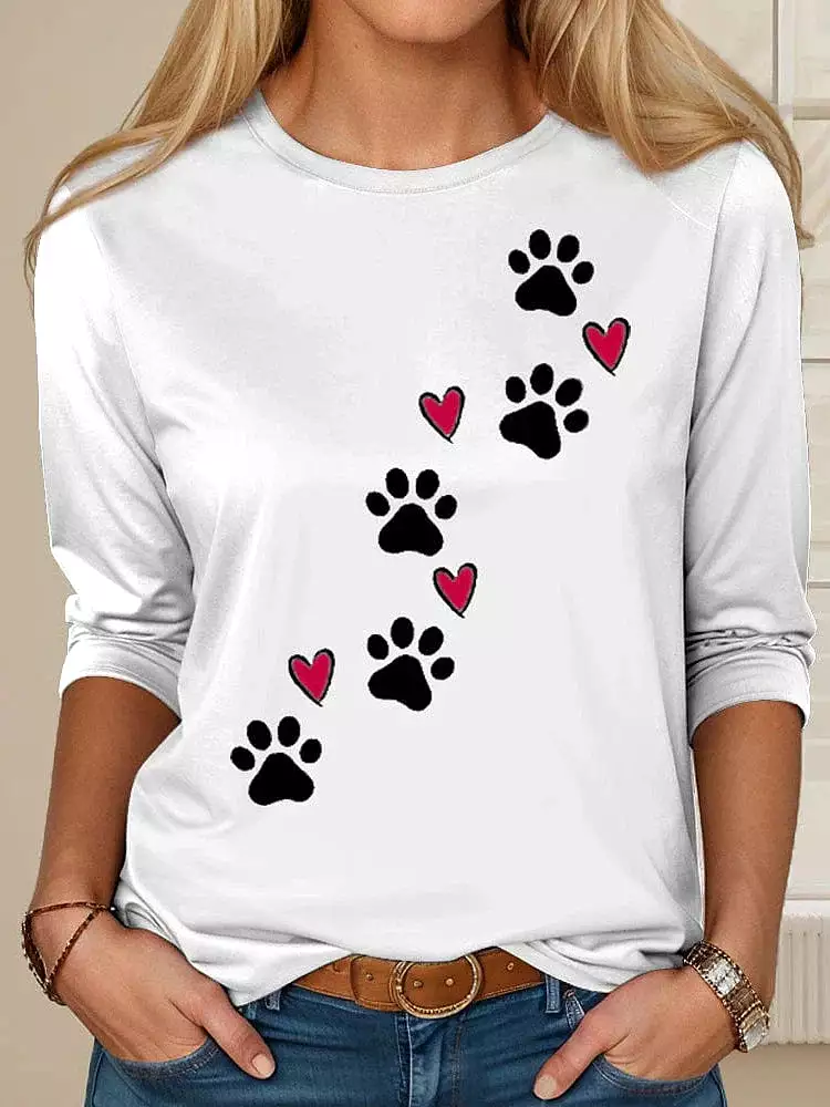 Cute Dog Print Women's Round Neck T-shirt