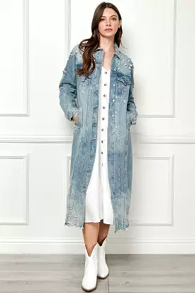 Distressed Pearl Detail Denim Jacket