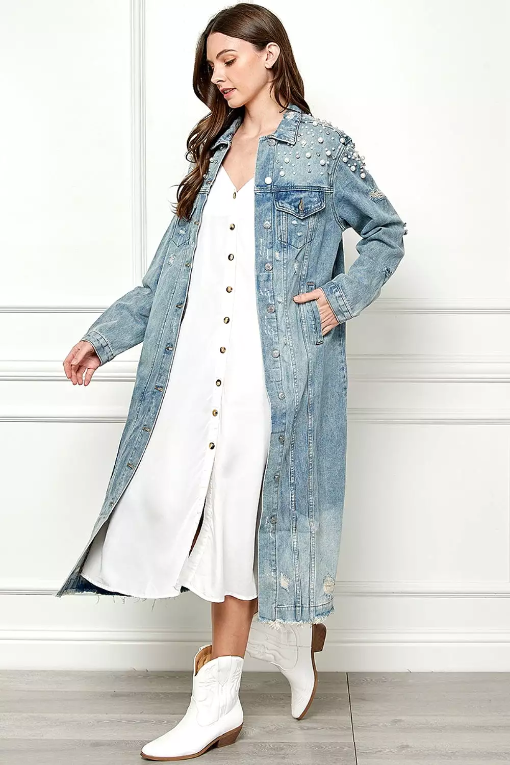 Distressed Pearl Detail Denim Jacket