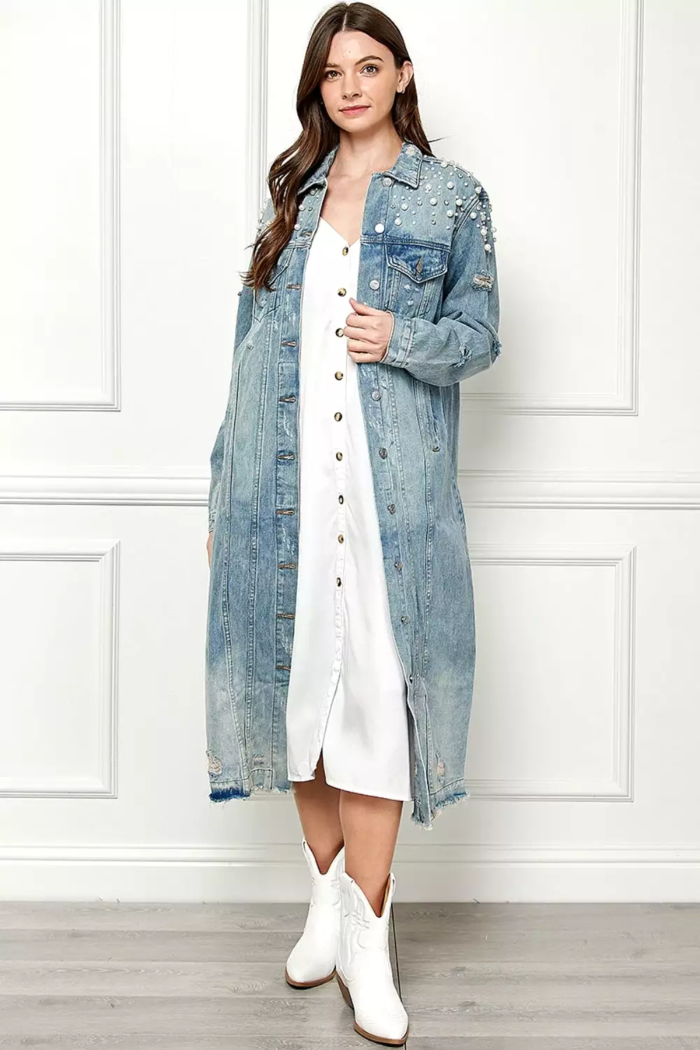 Distressed Pearl Detail Denim Jacket