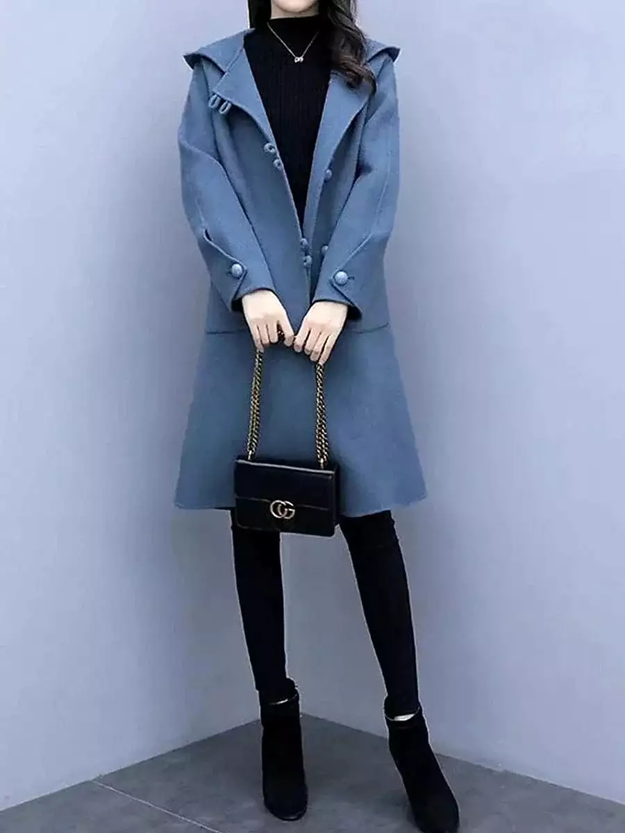 Elegant Hooded Overcoat for Women - Fall/Winter Windproof Pea Coat with Pockets