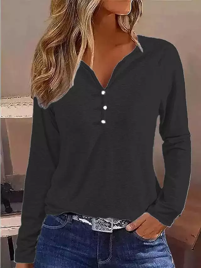 Elegant Women's Long Sleeve Henley T-Shirt for Fall & Winter