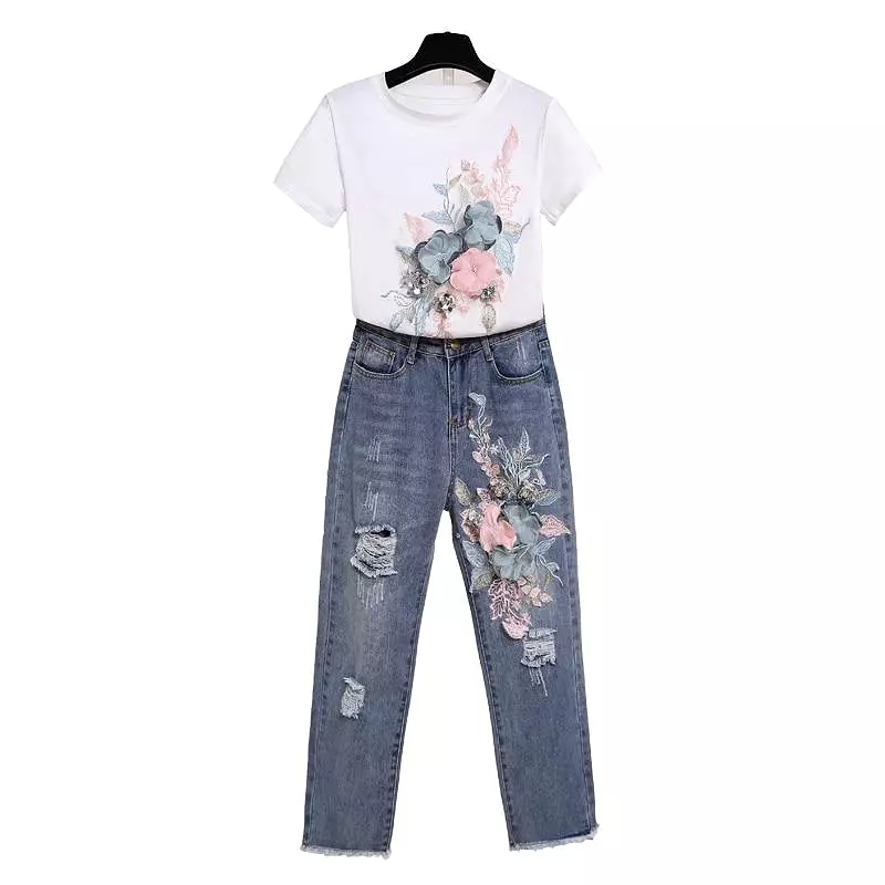 Embroidered Floral Jeans Outfit Set