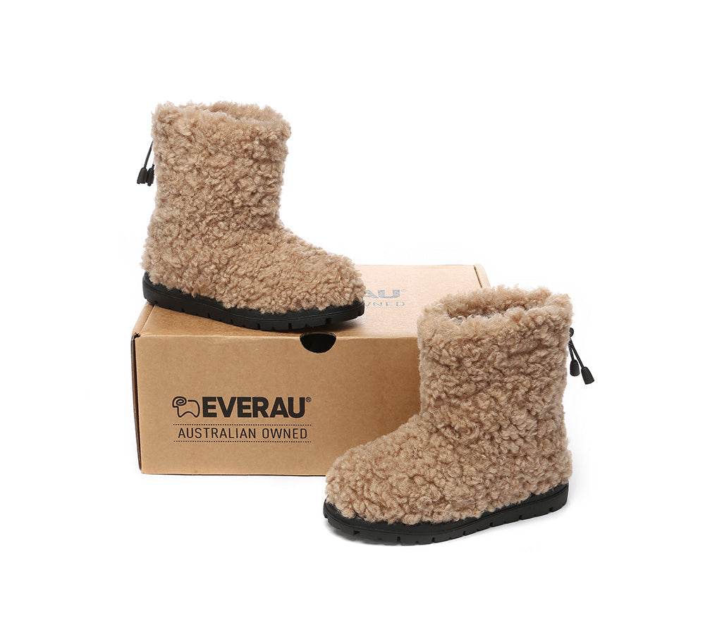 EVERAU UGG Kids Sheepskin Wool Plush Drawstring Boots Peggy