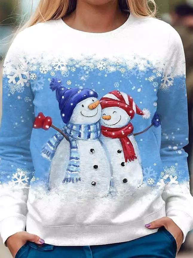 Festive Snowman and Snowflake Graphic Sweatshirt for Women