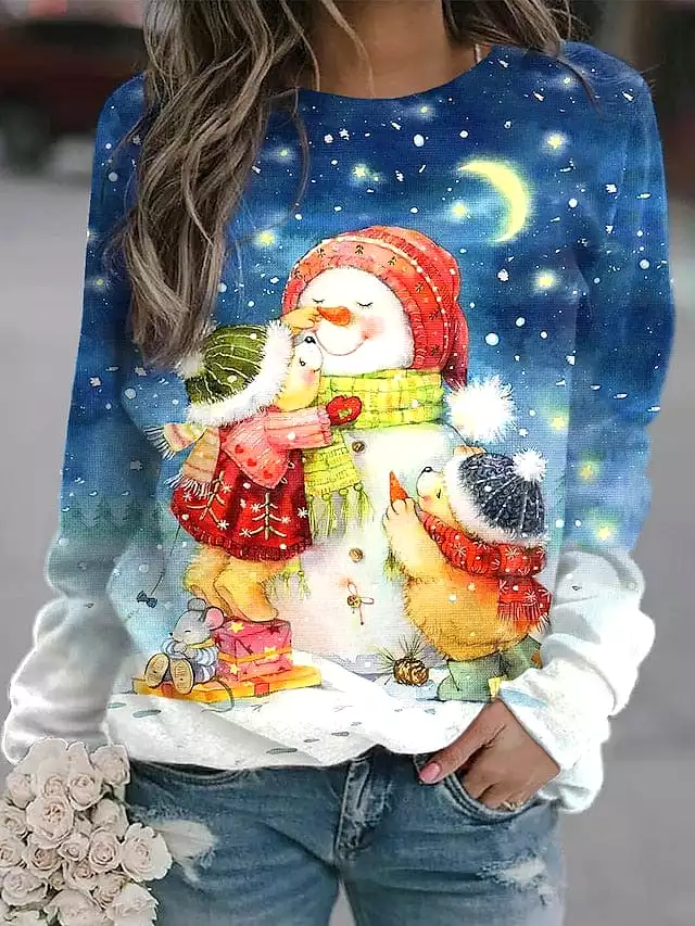 Festive Snowman and Snowflake Graphic Sweatshirt for Women