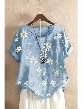 Floral Green and Light Blue Print Women's Summer T-shirt