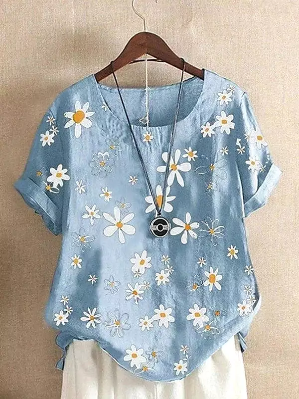 Floral Green and Light Blue Print Women's Summer T-shirt