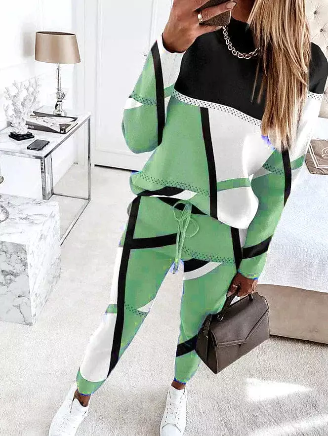 Geometric Color Block Women's Sweatshirt and Tracksuit Pants Set