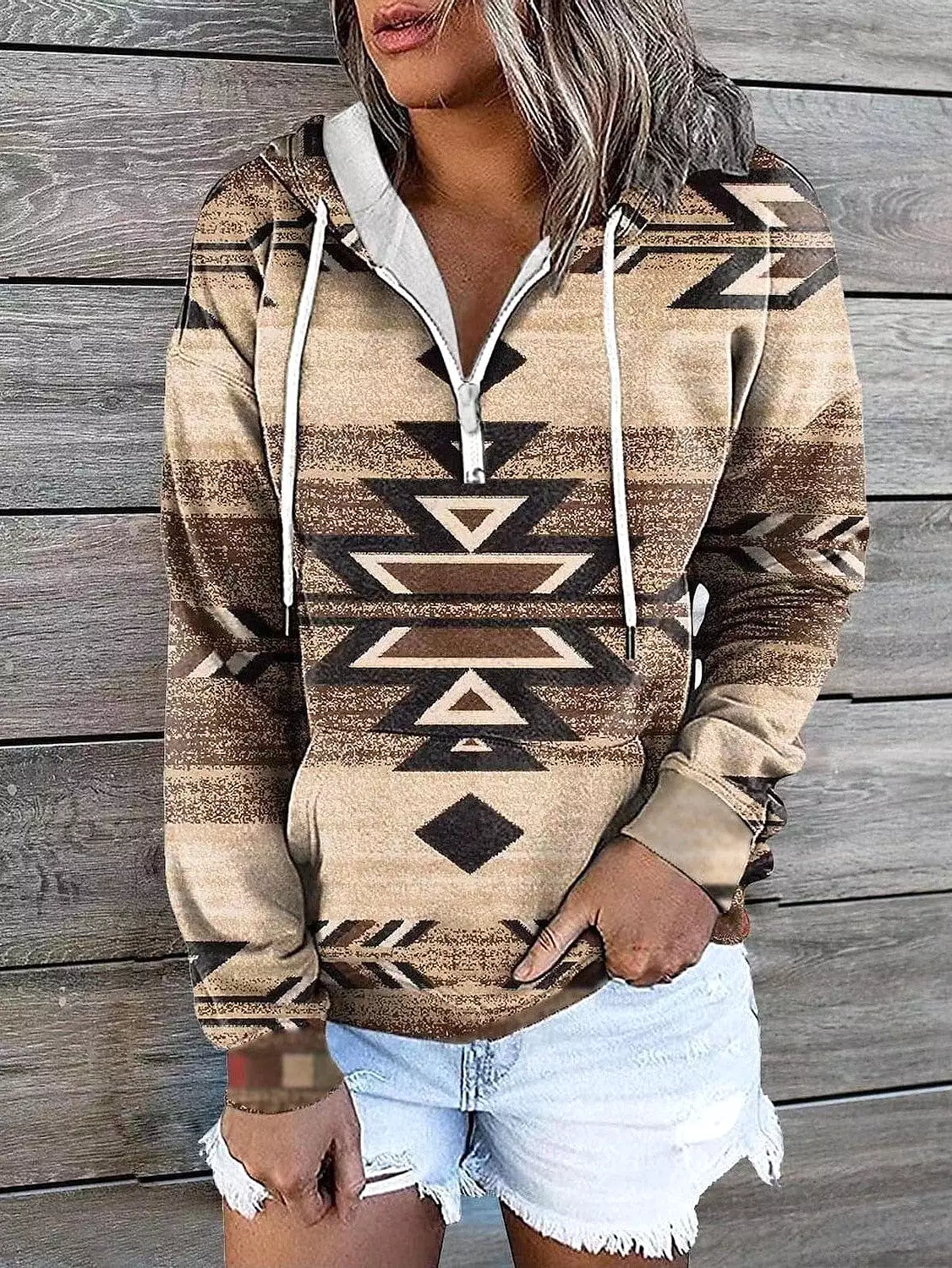 Geometric Tribal Aztecs Zip Up Hoodie Sweatshirt for Women