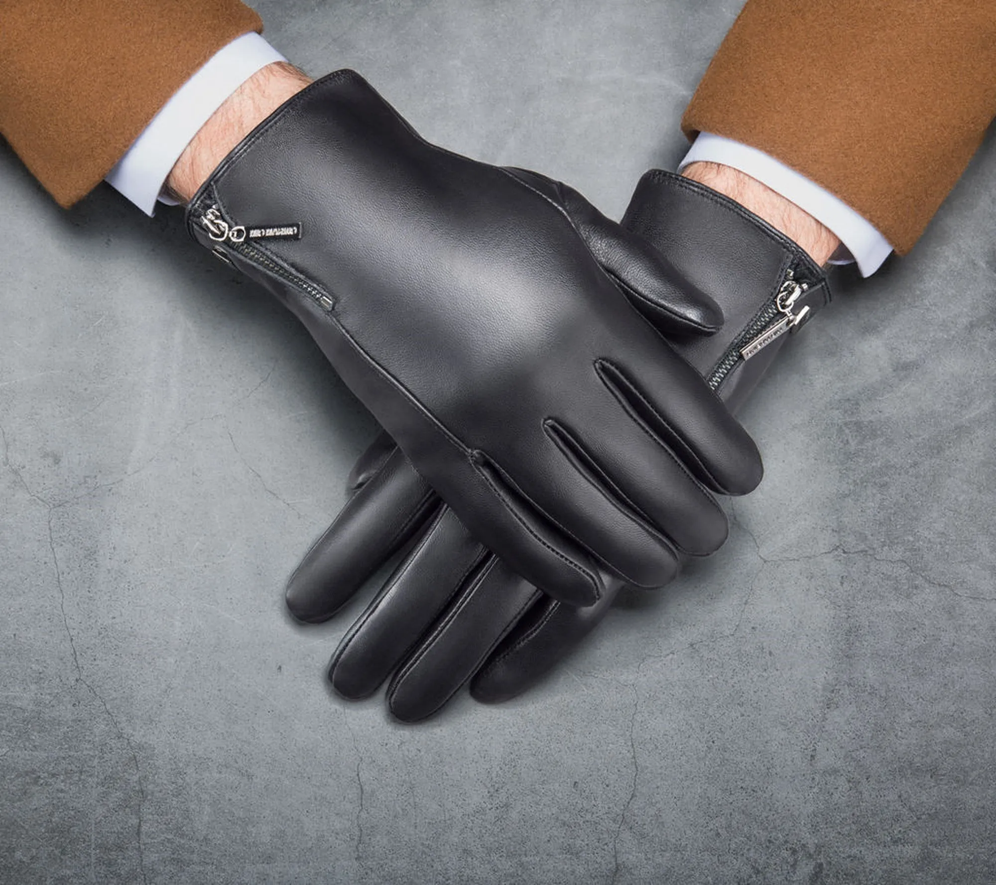 Half Zipper Real Leather Gloves