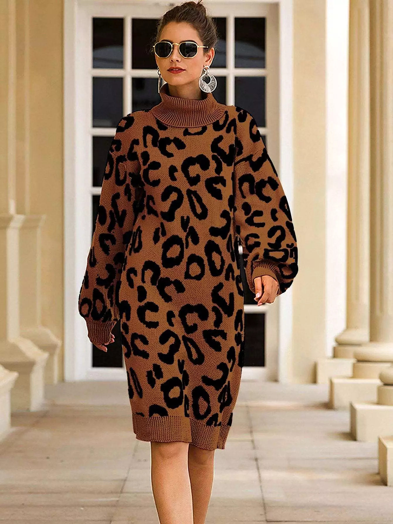 Haute Edition Women's Leopard Print Thick Knit Turtleneck Balloon Sleeve Sweater Dress