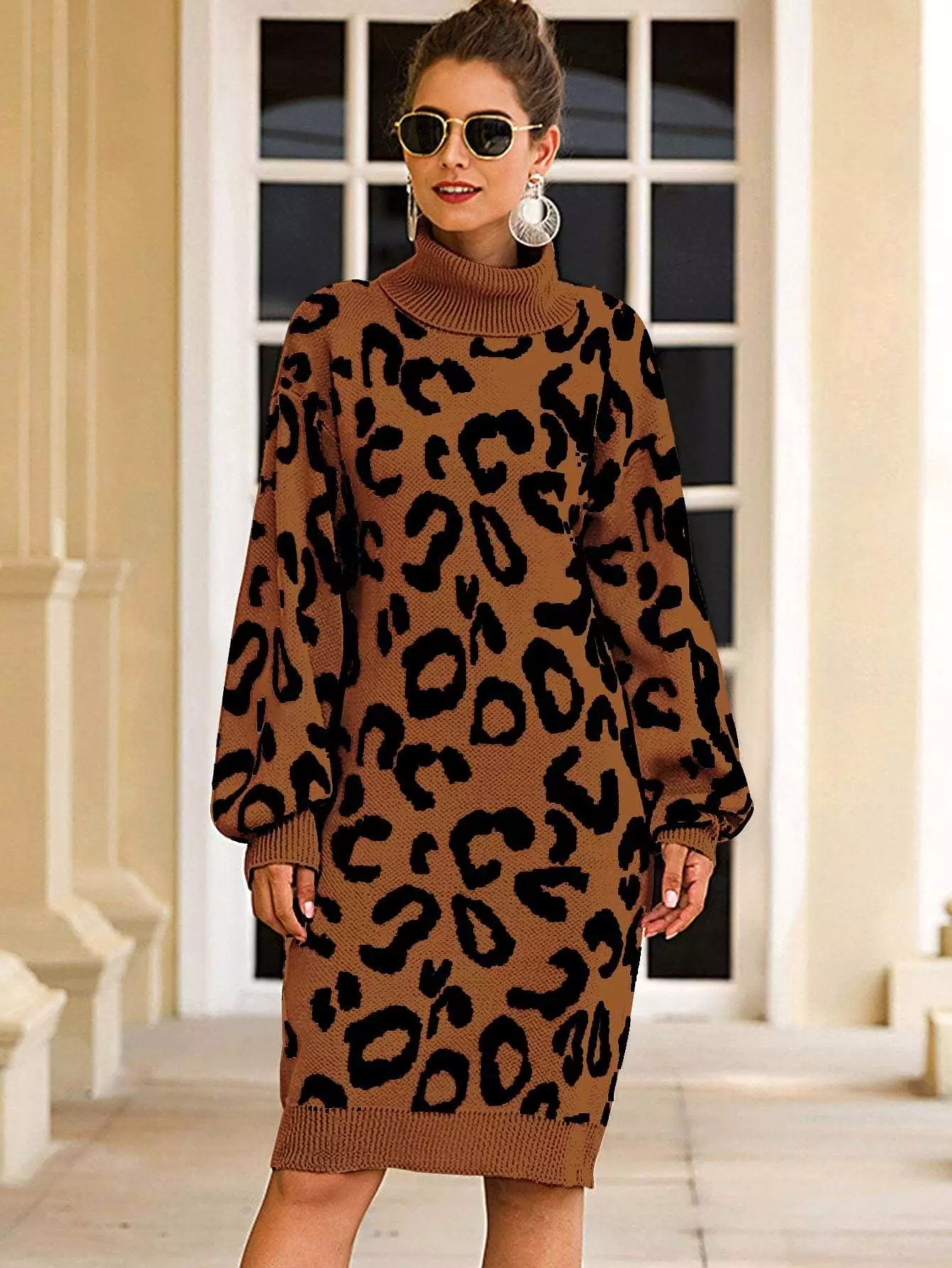 Haute Edition Women's Leopard Print Thick Knit Turtleneck Balloon Sleeve Sweater Dress