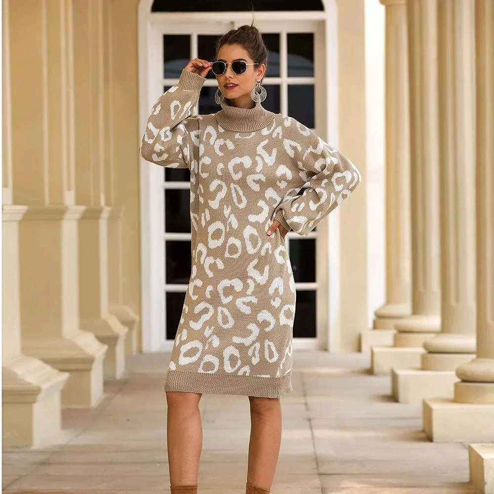 Haute Edition Women's Leopard Print Thick Knit Turtleneck Balloon Sleeve Sweater Dress