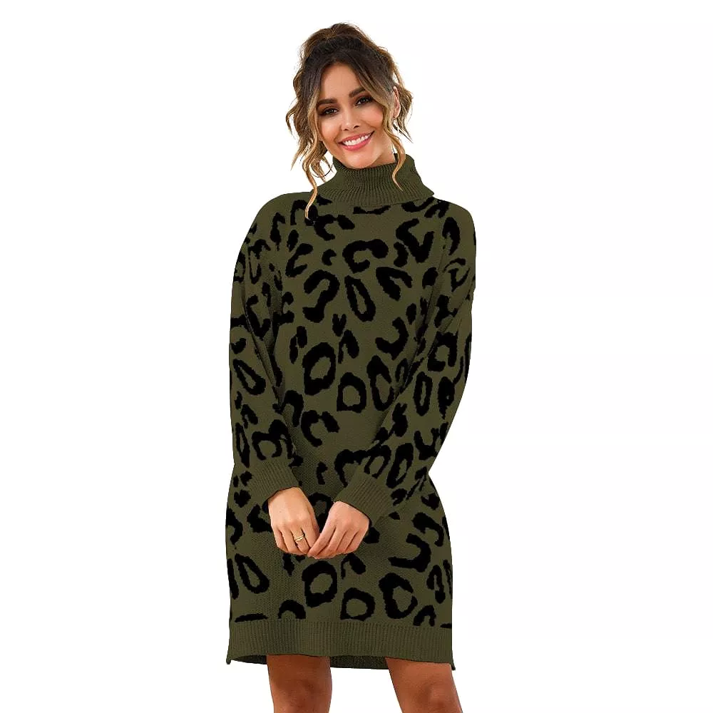 Haute Edition Women's Leopard Print Thick Knit Turtleneck Balloon Sleeve Sweater Dress