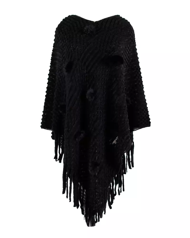 Haute Edition Women's Solid Fringed Sweater Poncho with Pom Poms. One size fits all (S-XL).