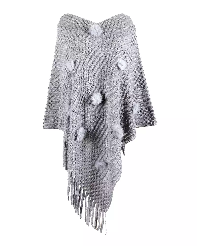 Haute Edition Women's Solid Fringed Sweater Poncho with Pom Poms. One size fits all (S-XL).