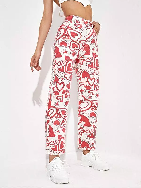 Hearts Print Loose Denim Trousers