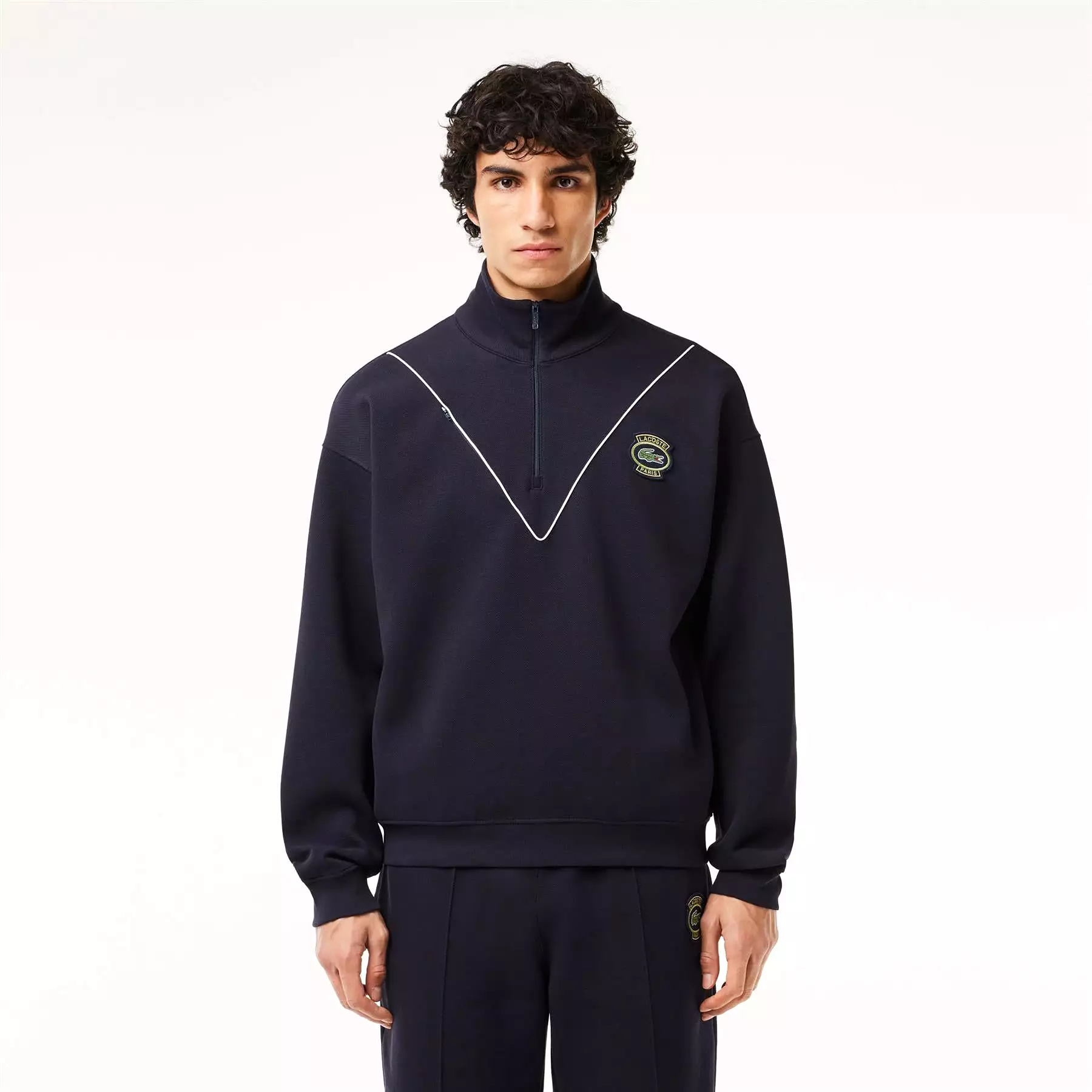 Loose Fit Quarter Zip Cotton Pique Sweatshirt Navy - SS24