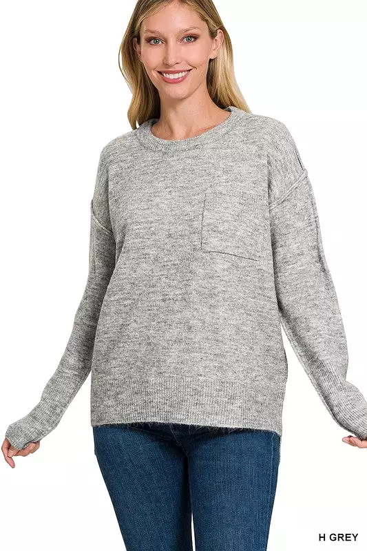 Melange Hi-Low hem Round Neck Sweater