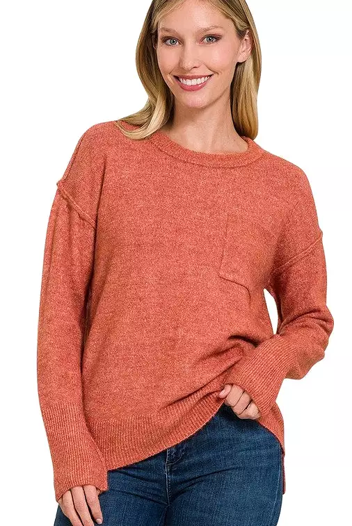 Melange Hi-Low hem Round Neck Sweater