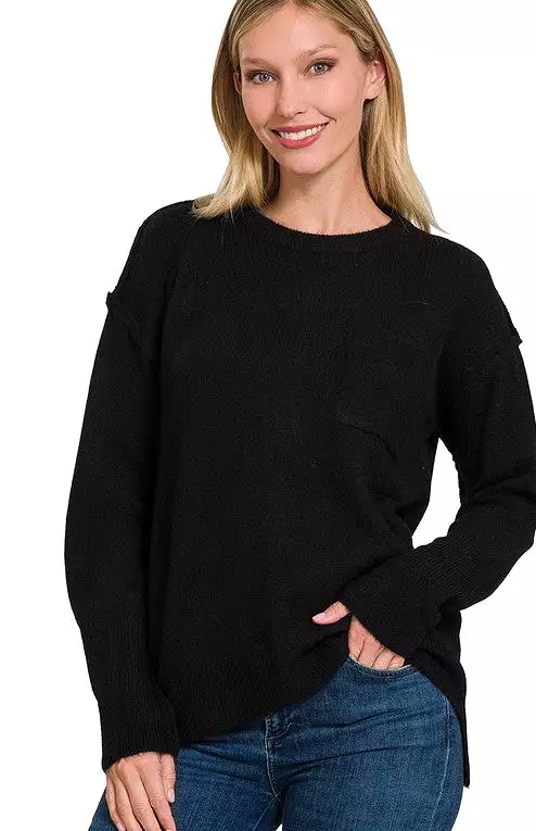 Melange Hi-Low hem Round Neck Sweater