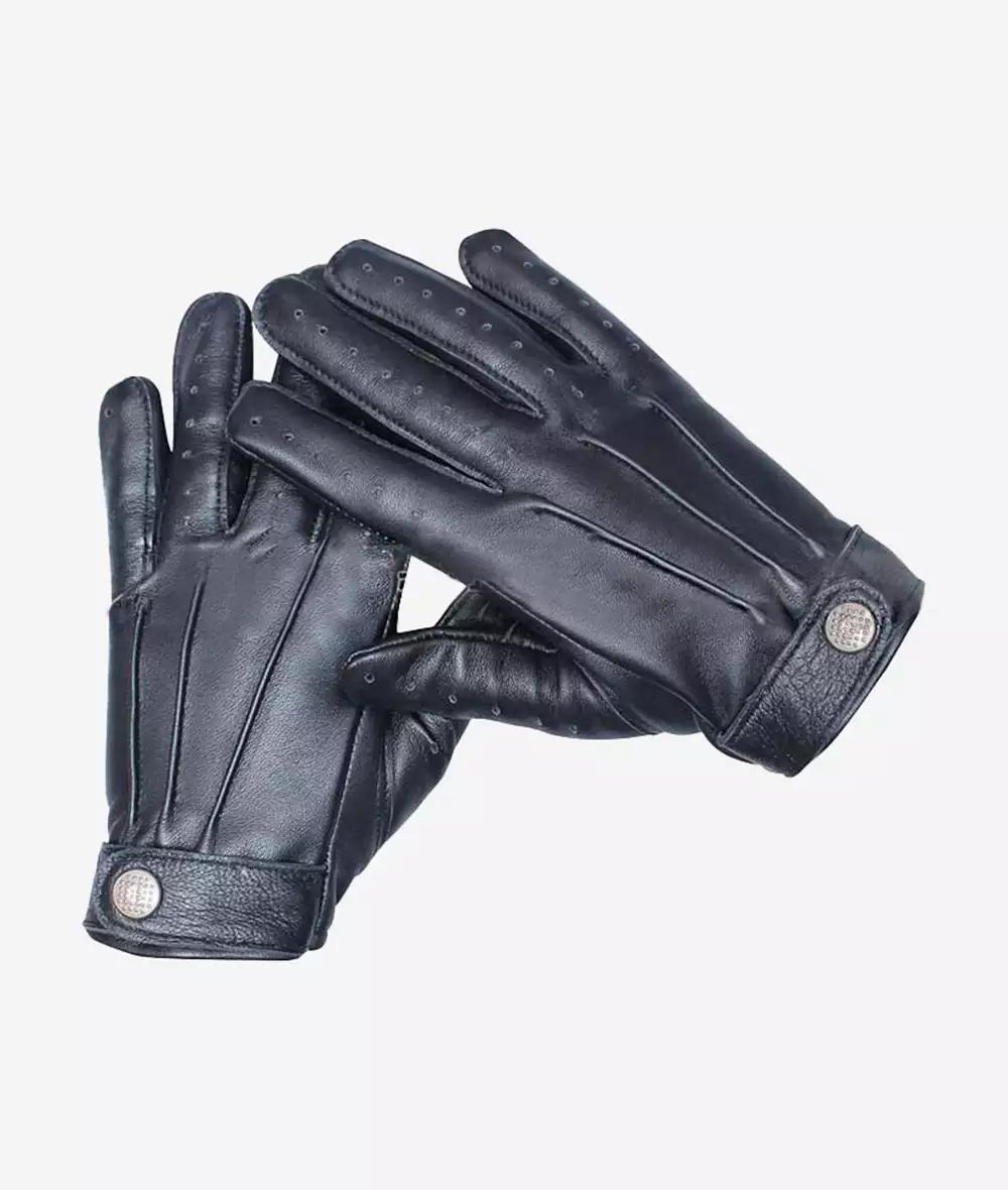 Men's Bond Black Leather Gloves with Adjustable Wrist 