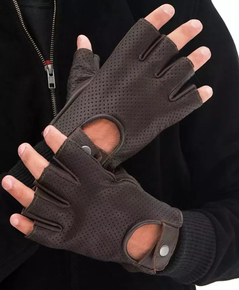 Men's Fingerless Dark Brown Leather Gloves