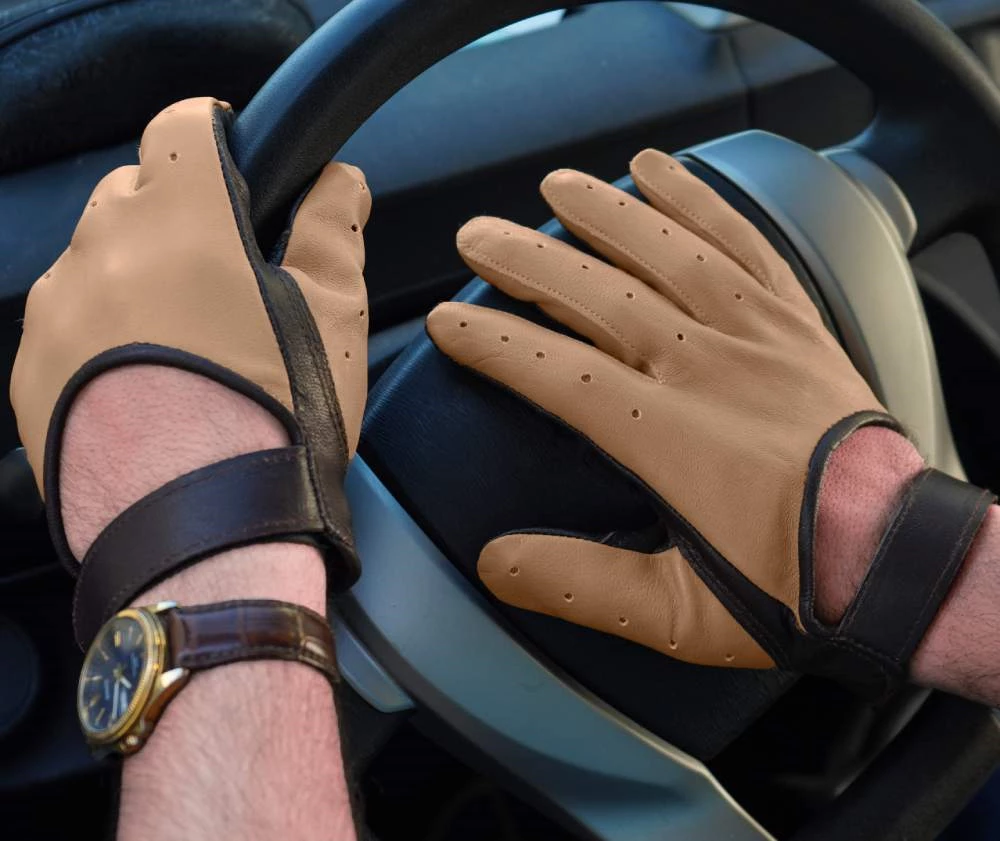 Mens Beige and Brown Two-Tone Leather Gloves